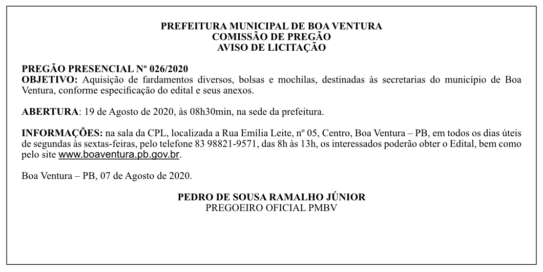 PREFEITURA MUNICIPAL DE BOA VENTURA – PREGÃO PRESENCIAL Nº 026/2020