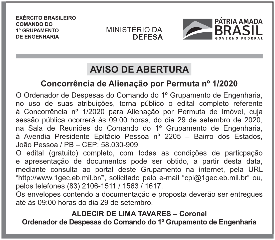 COMANDO DO 1º GRUPAMENTO DE ENGENHARIA – AVISO DE ABERTURA – CONCORRÊNCIA DE ALIENAÇÃO POR PERMUTA Nº 1/2020