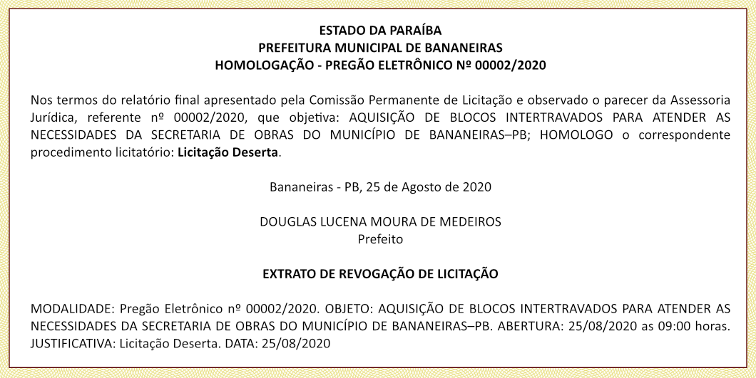 PREFEITURA MUNICIPAL DE BANANEIRAS – HOMOLOGAÇÃO – PREGÃO ELETRÔNICO Nº 00002/2020