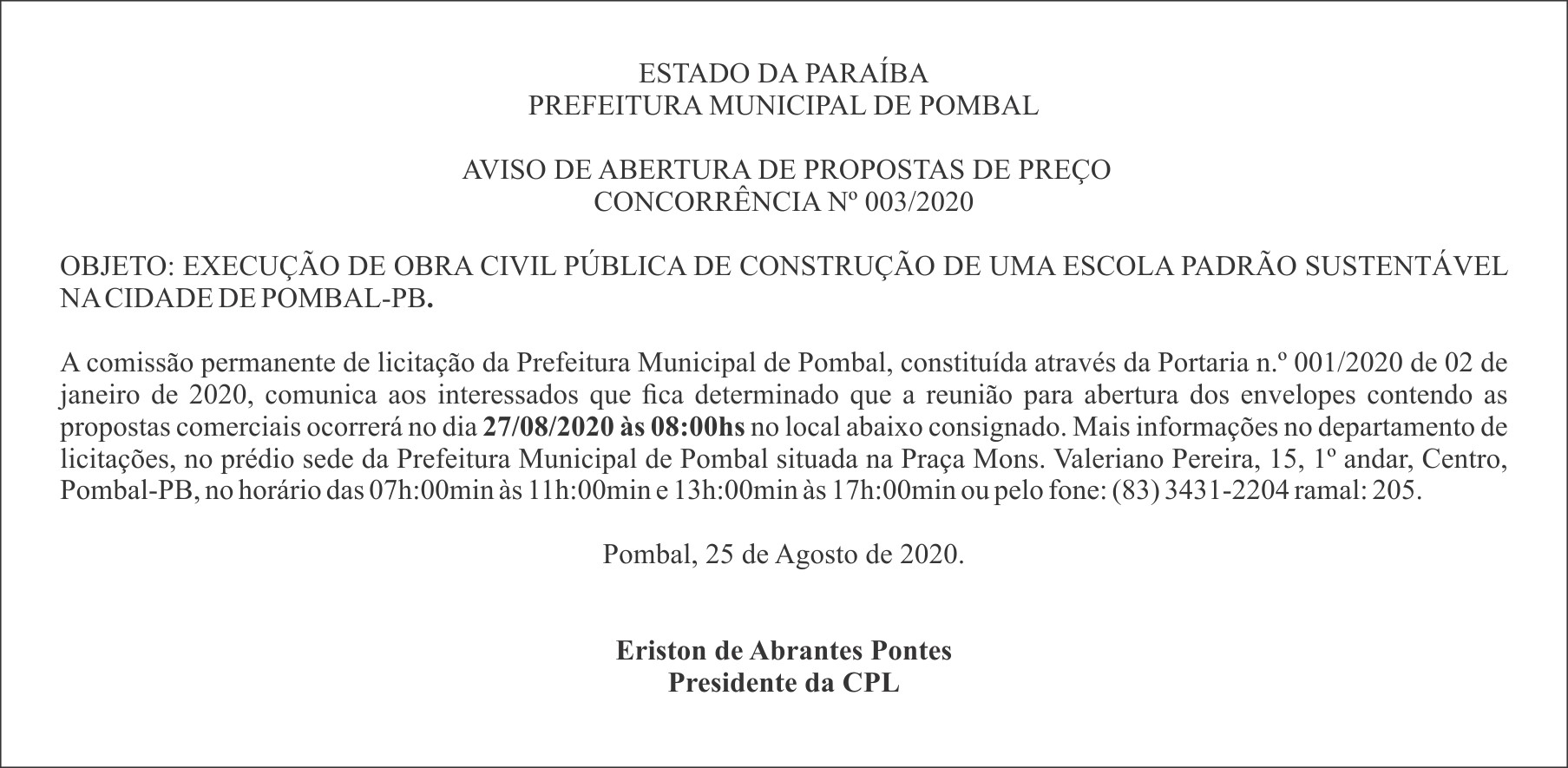 PREFEITURA MUNICIPAL DE POMBAL – AVISO DE ABERTURA DE PROPOSTAS DE PREÇO – CONCORRÊNCIA Nº 003/2020