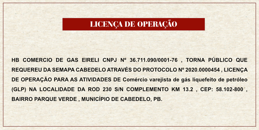 HB COMERCIO DE GAS EIRELI – LICENÇA DE OPERAÇÃO