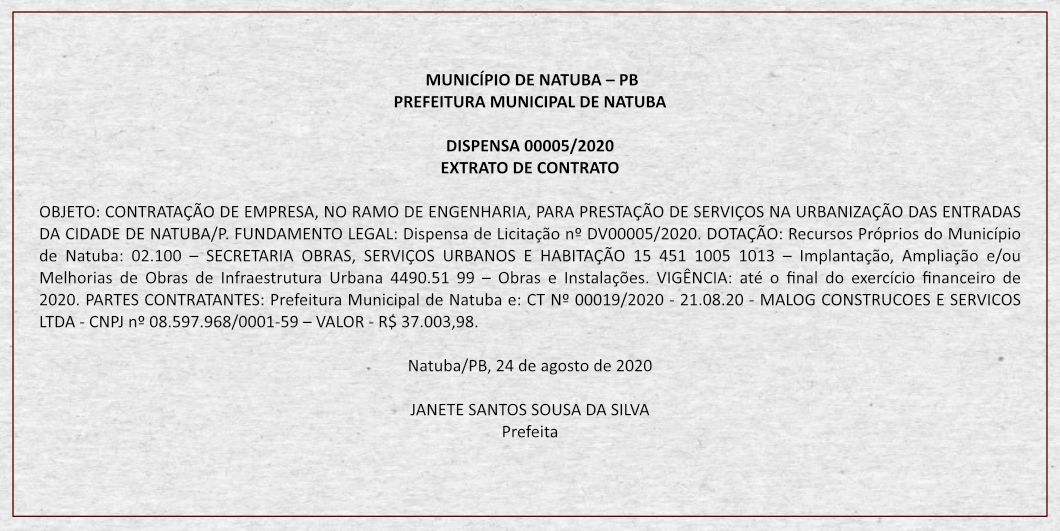 PREFEITURA MUNICIPAL DE NATUBA – DISPENSA 00005/2020 – EXTRATO DE CONTRATO