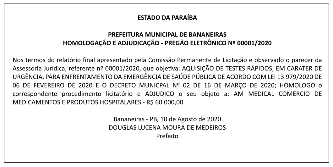 PREFEITURA MUNICIPAL DE BANANEIRAS – HOMOLOGAÇÃO E ADJUDICAÇÃO – PREGÃO ELETRÔNICO Nº 00001/2020