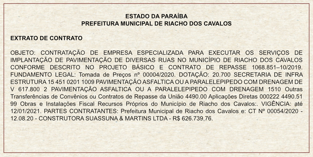 PREFEITURA MUNICIPAL DE RIACHO DOS CAVALOS – EXTRATO DE CONTRATO