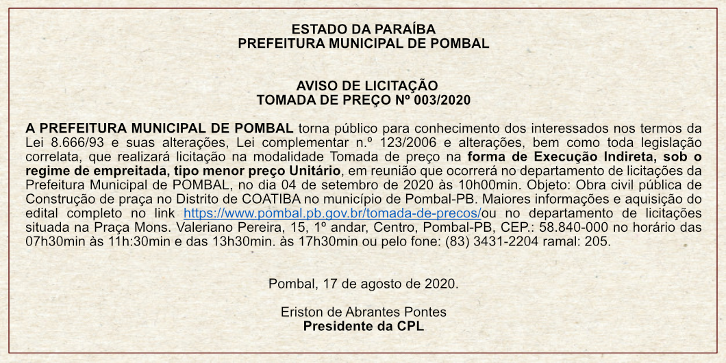 PREFEITURA MUNICIPAL DE POMBAL –  AVISO DE LICITAÇÃO – TOMADA DE PREÇO Nº 003/2020