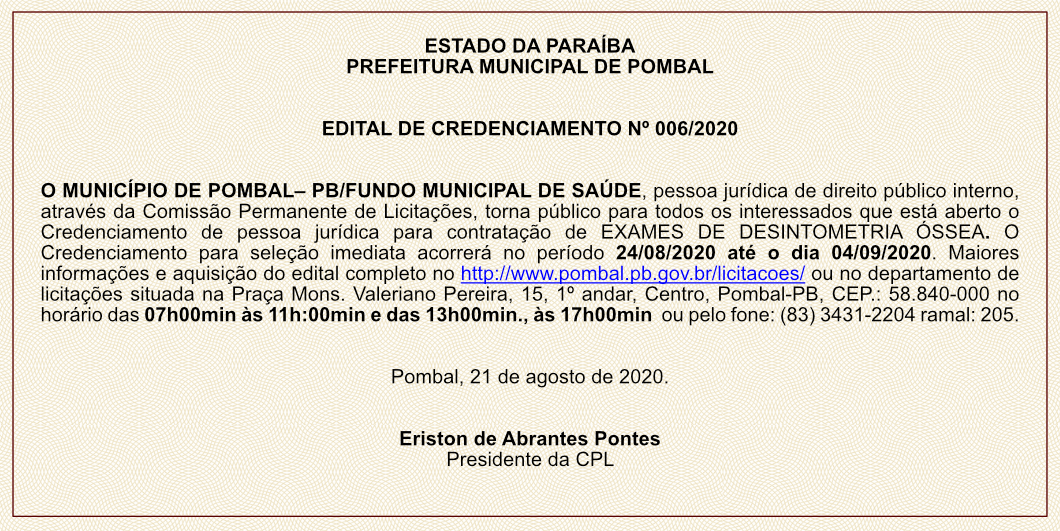 PREFEITURA MUNICIPAL DE POMBAL – EDITAL DE CREDENCIAMENTO Nº 006/2020