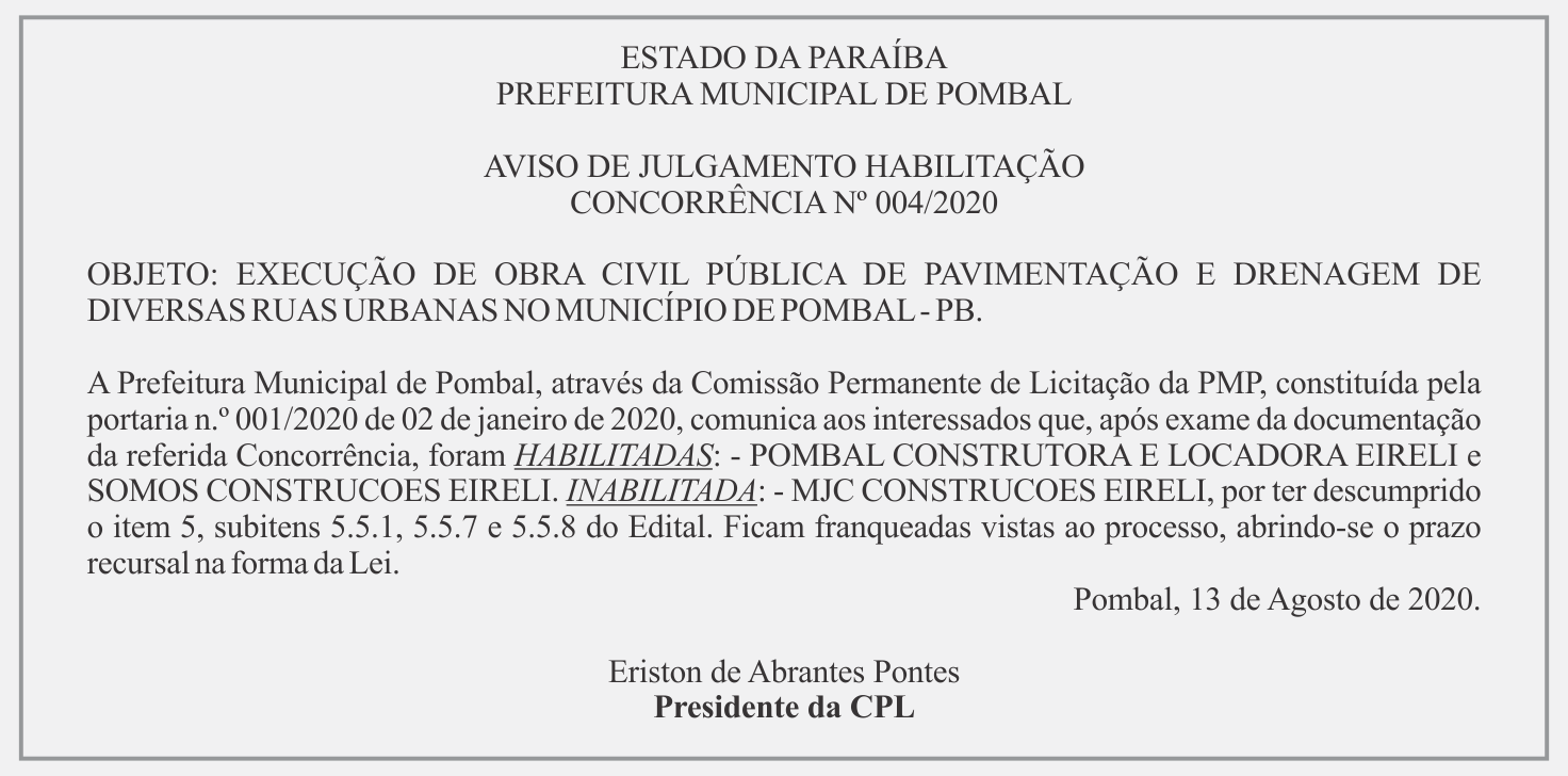 PREFEITURA DE POMBAL – AVISO DE JULGAMENTO HABILITAÇÃO CONCORRÊNCIA Nº 004/2020