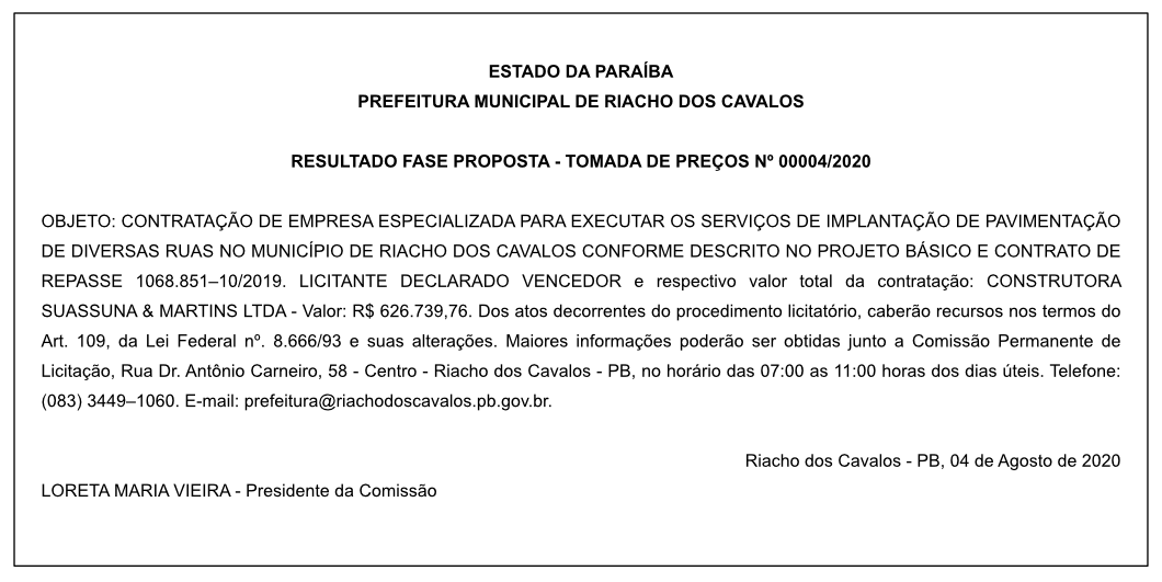 PREFEITURA MUNICIPAL DE RIACHO DOS CAVALOS – RESULTADO FASE PROPOSTA – TOMADA DE PREÇOS Nº 00004/2020