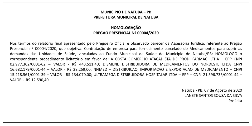 PREFEITURA MUNICIPAL DE NATUBA – HOMOLOGAÇÃO – PREGÃO PRESENCIAL Nº 00004/2020