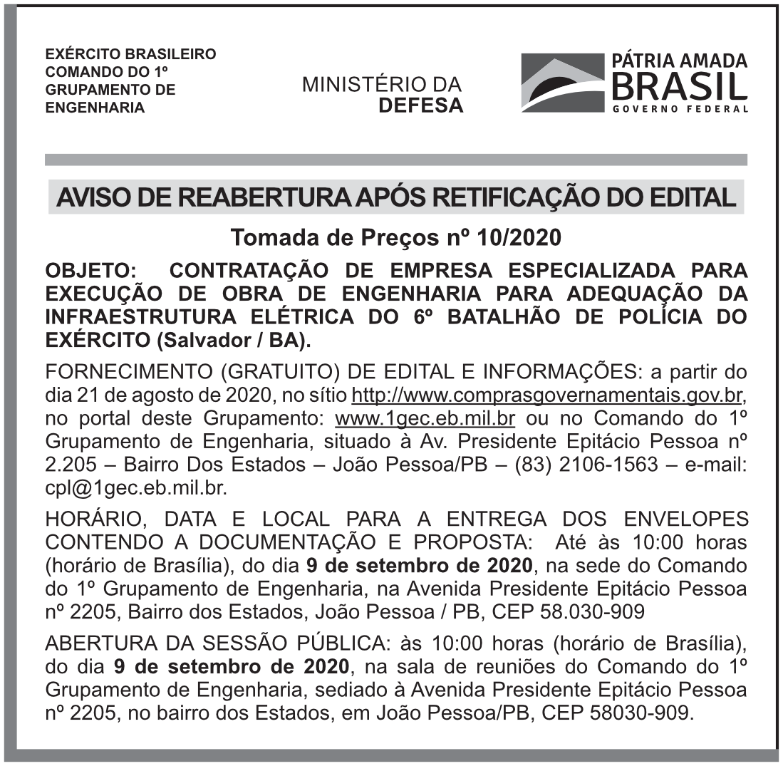 COMANDO DO 1º GRUPAMENTO DE ENGENHARIA – AVISO DE REABERTURA APÓS RETIFICAÇÃO DO EDITAL
