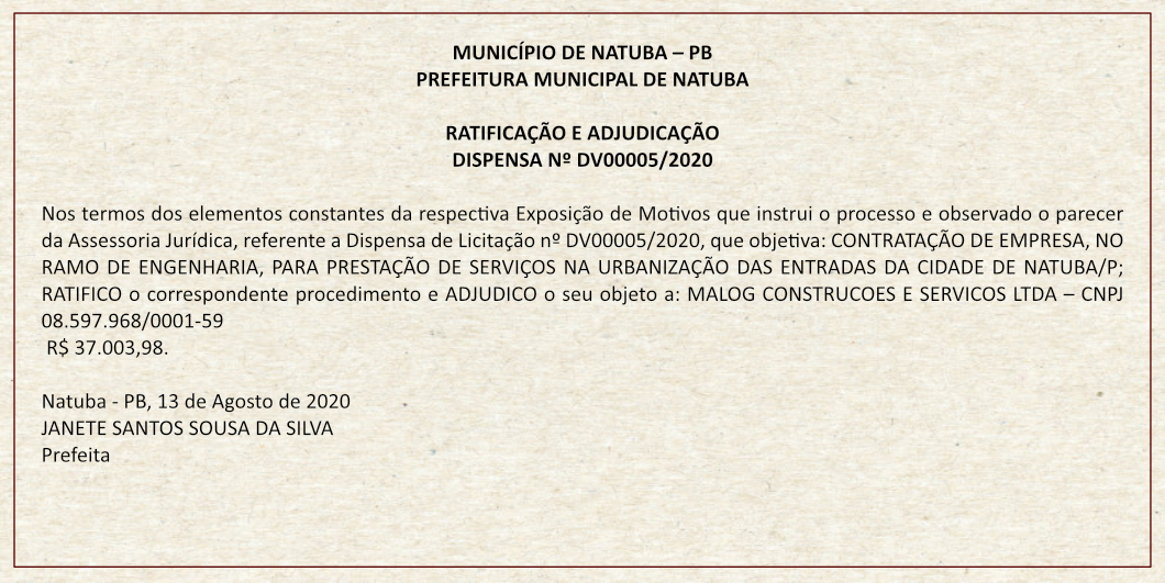 PREFEITURA MUNICIPAL DE NATUBA – RATIFICAÇÃO E ADJUDICAÇÃO – DISPENSA Nº DV00005/2020