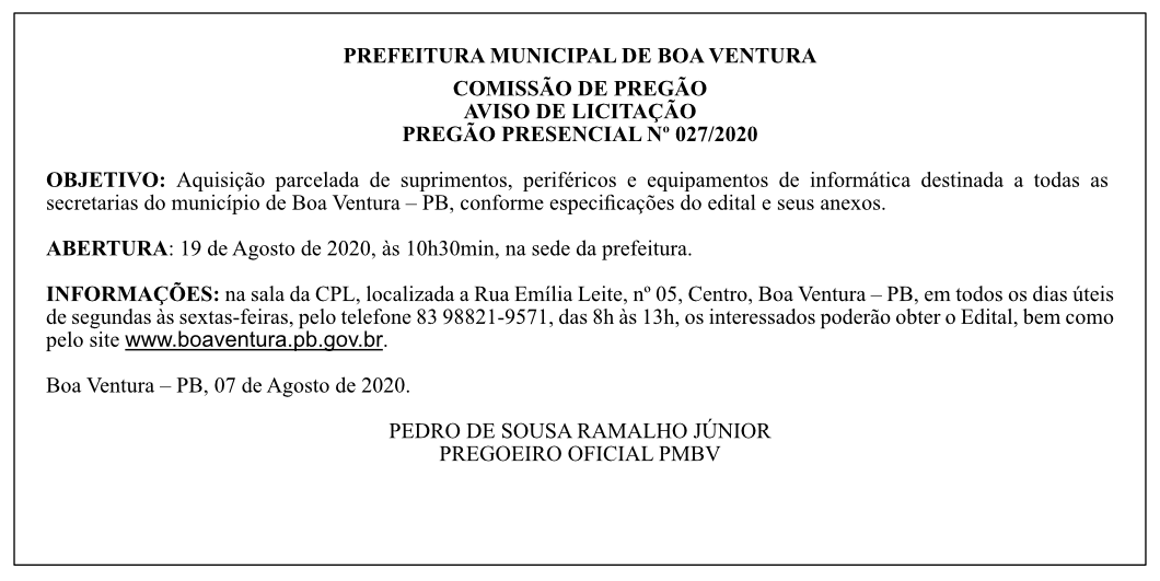 PREFEITURA MUNICIPAL DE BOA VENTURA – PREGÃO PRESENCIAL Nº 027/2020