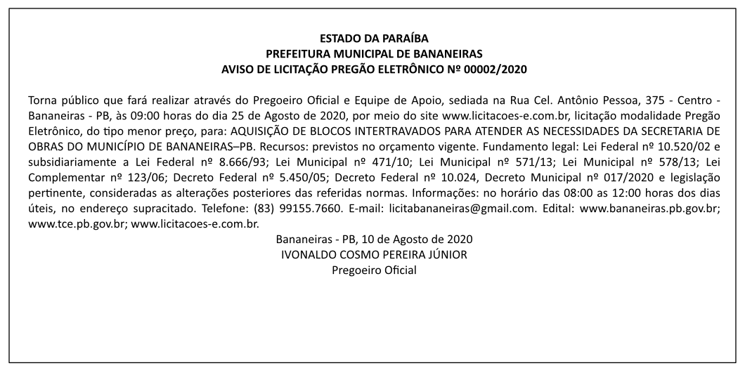 PREFEITURA MUNICIPAL DE BANANEIRAS – AVISO DE LICITAÇÃO – PREGÃO ELETRÔNICO Nº 00002/2020