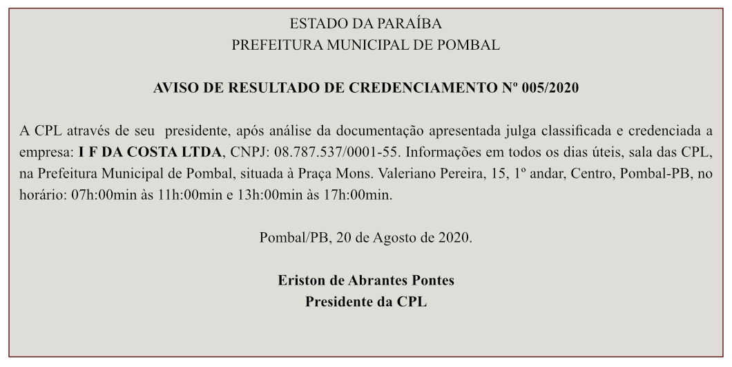 PREFEITURA MUNICIPAL DE POMBAL – AVISO DE RESULTADO DE CREDENCIAMENTO Nº 005/2020