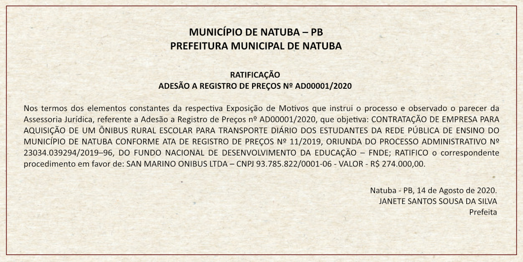 PREFEITURA MUNICIPAL DE NATUBA – RATIFICAÇÃO – ADESÃO A REGISTRO DE PREÇOS Nº AD00001/2020