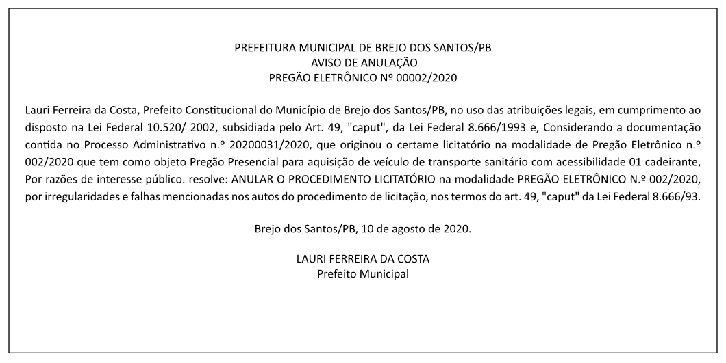 PREFEITURA MUNICIPAL DE BREJO DOS SANTOS – AVISO DE ANULAÇÃO – PREGÃO ELETRÔNICO Nº 00002/2020