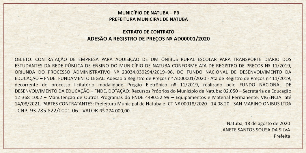 PREFEITURA MUNICIPAL DE NATUBA – EXTRATO DE CONTRATO – ADESÃO A REGISTRO DE PREÇOS Nº AD00001/2020
