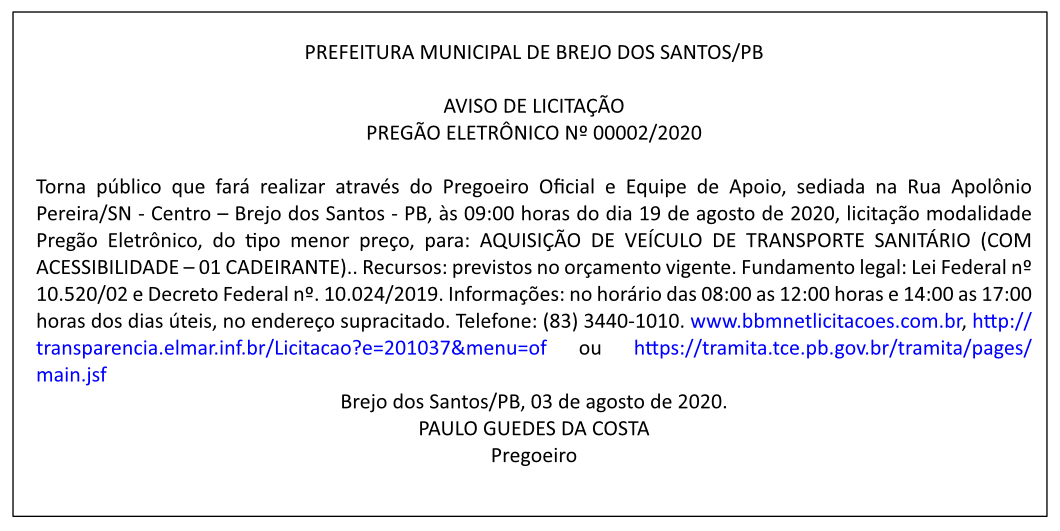 PREFEITURA MUNICIPAL DE BREJO DOS SANTOS – PREGÃO ELETRÔNICO Nº 00002/2020