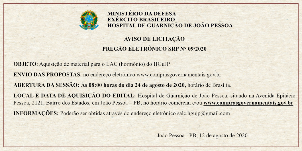 HOSPITAL DE GUARNIÇÃO DE JOÃO PESSOA – PREGÃO ELETRÔNICO SRP N° 09/2020