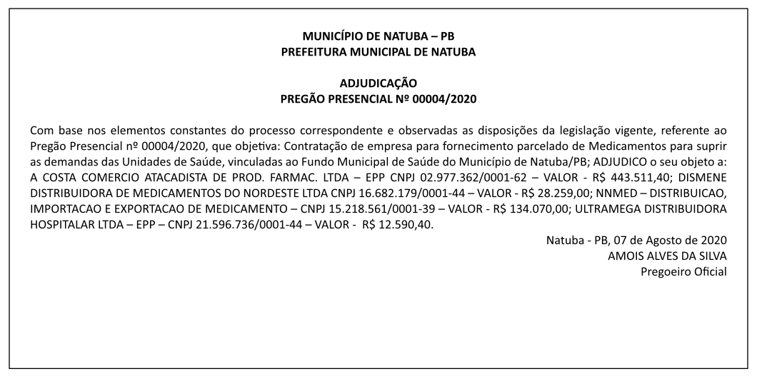PREFEITURA MUNICIPAL DE NATUBA – ADJUDICAÇÃO – PREGÃO PRESENCIAL Nº 00004/2020