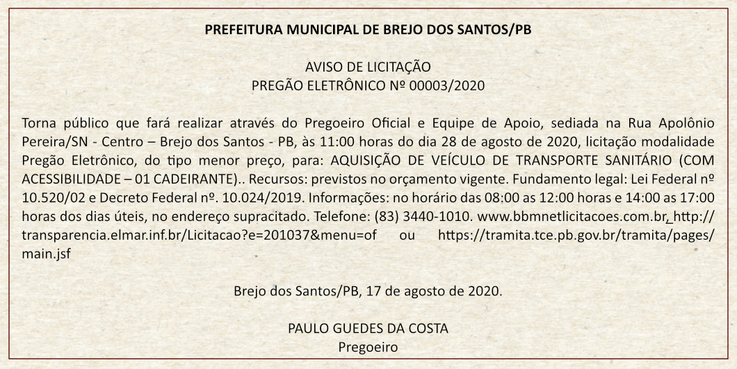 PREFEITURA MUNICIPAL DE BREJO DOS SANTOS – AVISO DE LICIAÇÃO – PREGÃO ELETRÔNICO Nº 00003/2020