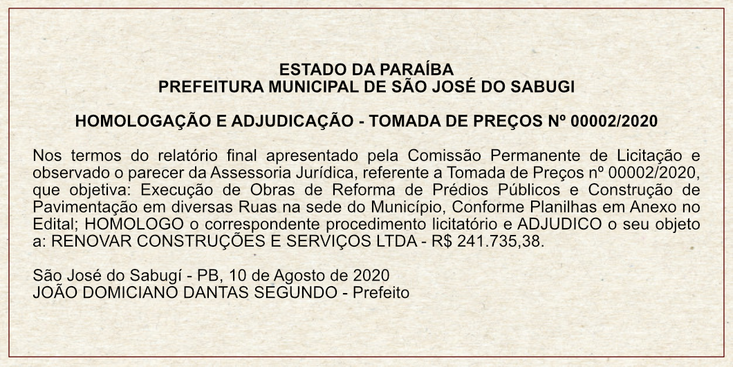 PREFEITURA MUNICIPAL DE SÃO JOSÉ DO SABUGI – HOMOLOGAÇÃO E ADJUDICAÇÃO – TOMADA DE PREÇOS Nº 00002/2020