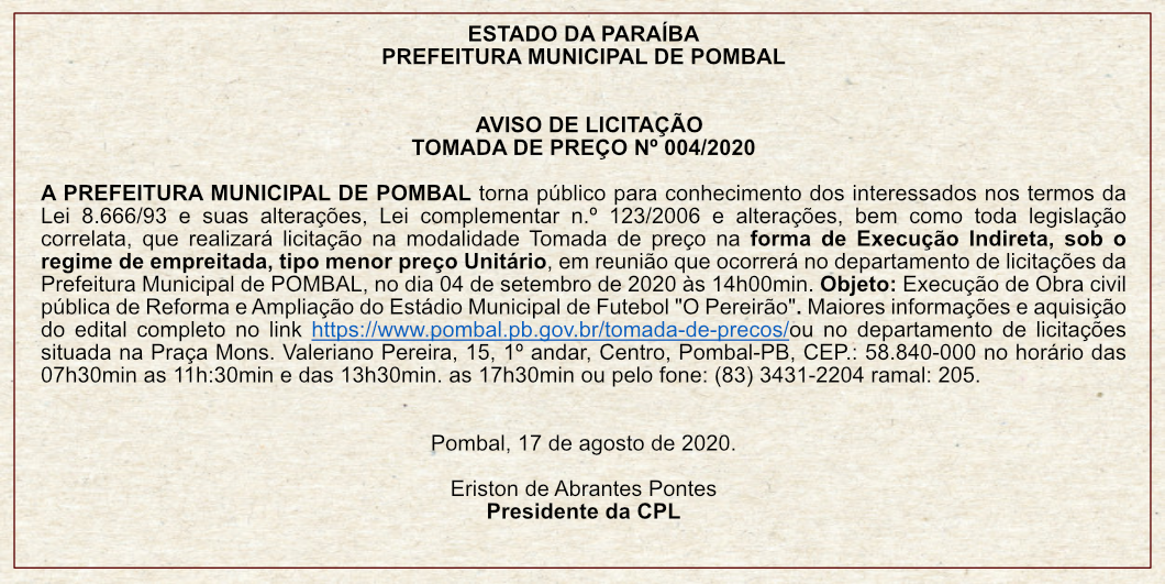 PREFEITURA MUNICIPAL DE POMBAL – AVISO DE LICITAÇÃO – TOMADA DE PREÇO Nº 004/2020