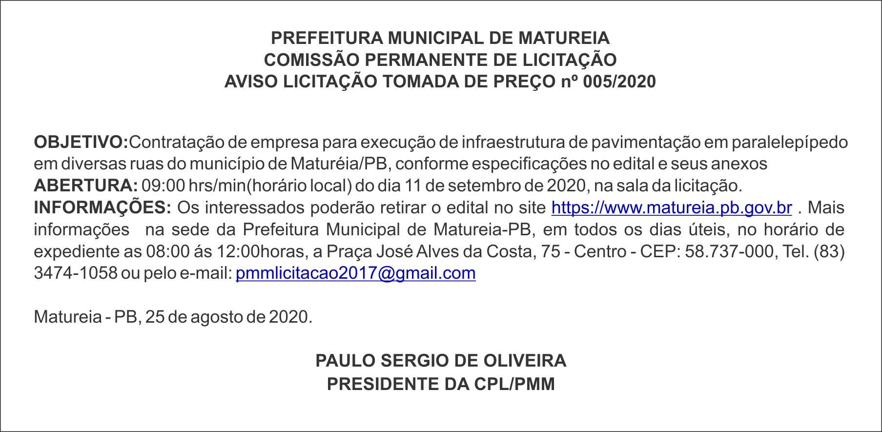 PREFEITURA MUNICIPAL DE MATUREIA – AVISO LICITAÇÃO – TOMADA DE PREÇO nº 005/2020
