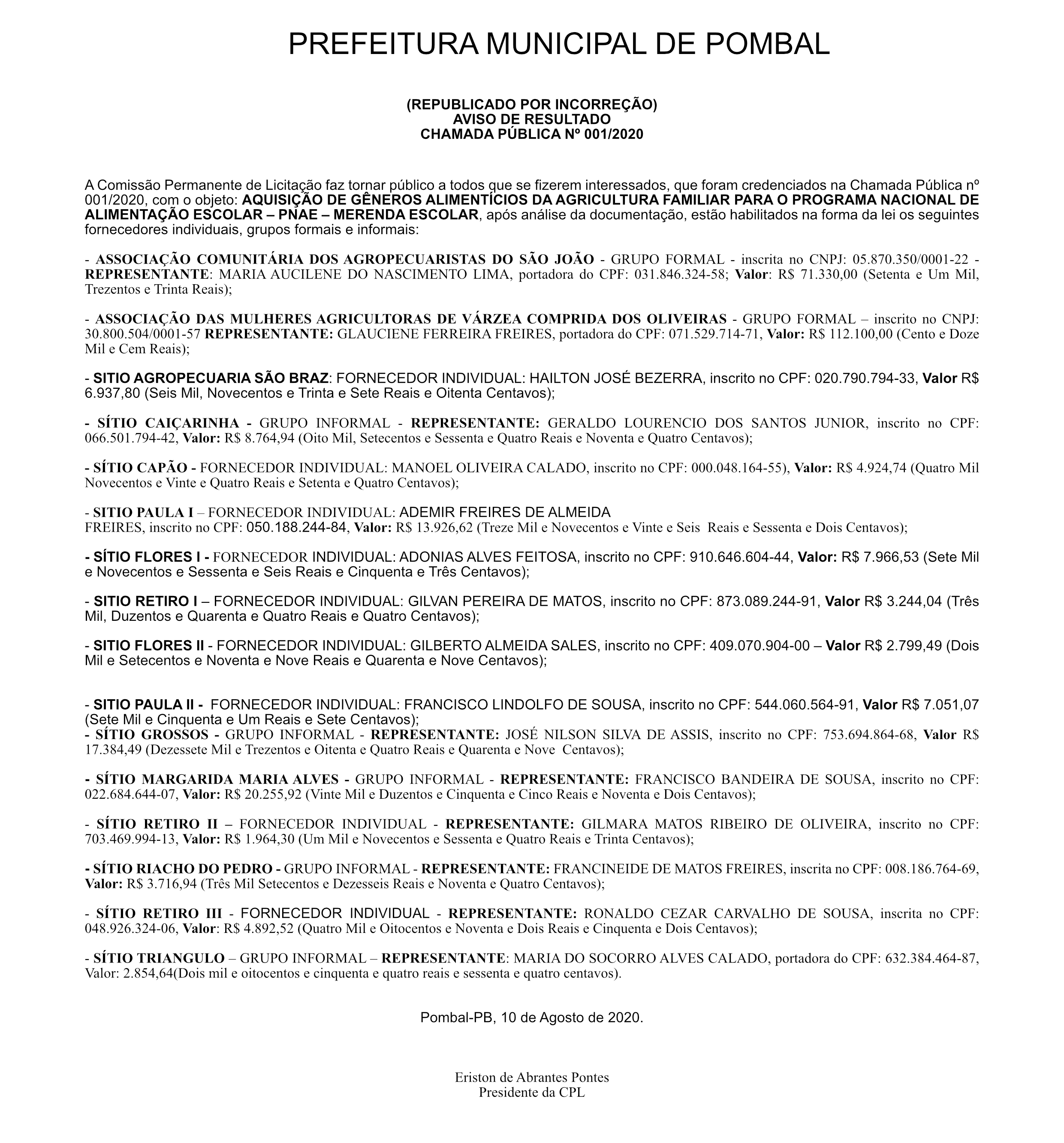PREFEITURA DE POMBAL – AVISO DE RESULTADO – CHAMADA PÚBLICA Nº 001/2020