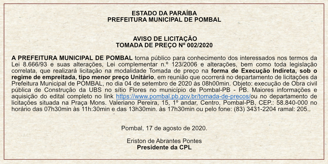 PREFEITURA MUNICIPAL DE POMBAL – AVISO DE LICITAÇÃO – TOMADA DE PREÇO Nº 002/2020