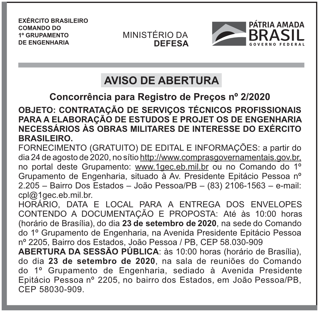 COMANDO DO 1º GRUPAMENTO DE ENGENHARIA – CONCORRÊNCIA PARA REGISTRO DE PREÇOS Nº 2/2020