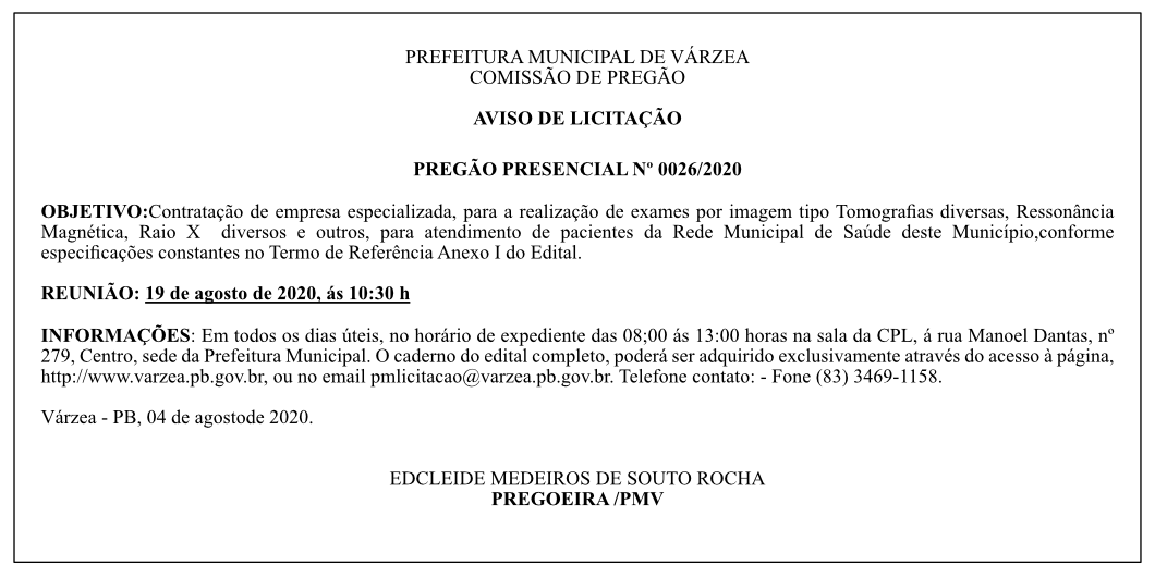 PREFEITURA MUNICIPAL DE VÁRZEA – AVISO DE LICITAÇÃO – PREGÃO PRESENCIAL Nº 0026/2020