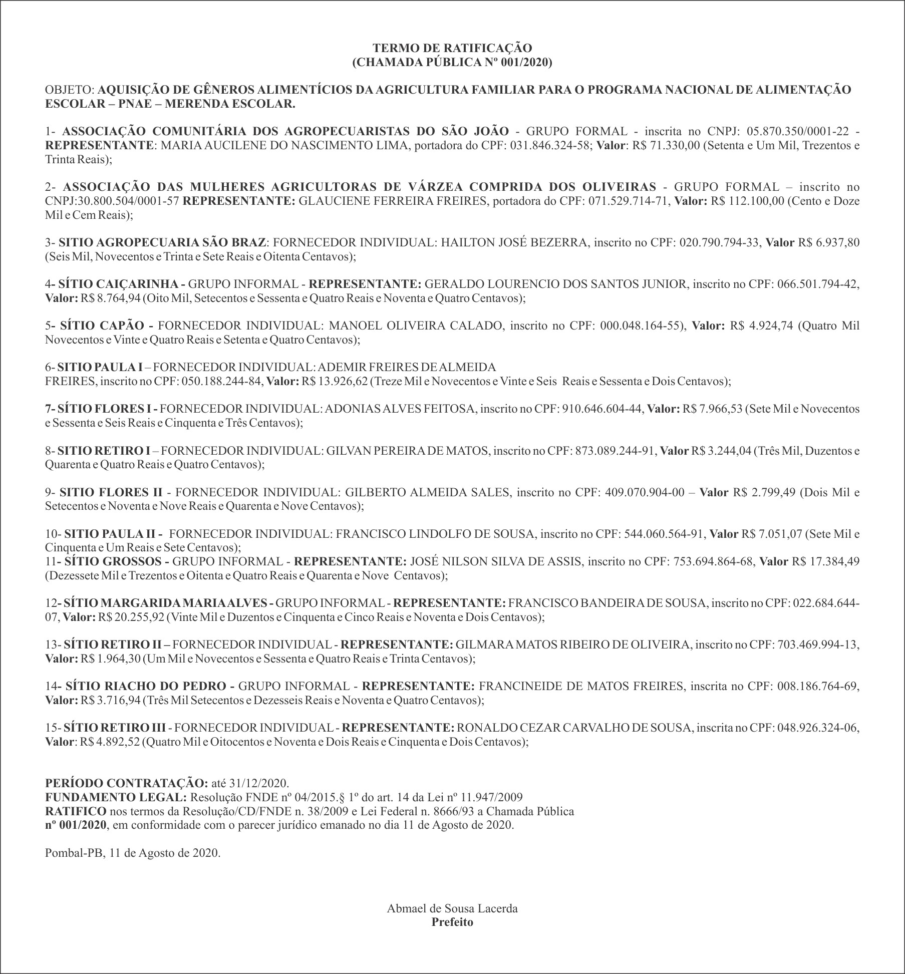 PREFEITURA MUNICIPAL DE POMBAL – TERMO DE RATIFICAÇÃO (CHAMADA PÚBLICA Nº 001/2020)