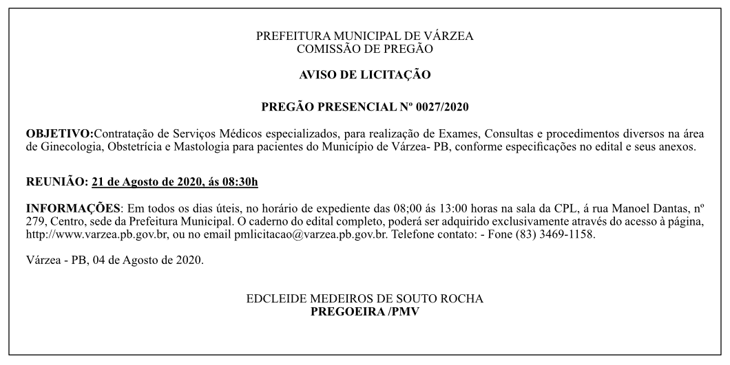 PREFEITURA MUNICIPAL DE VÁRZEA – AVISO DE LICITAÇÃO – PREGÃO PRESENCIAL Nº 0027/2020