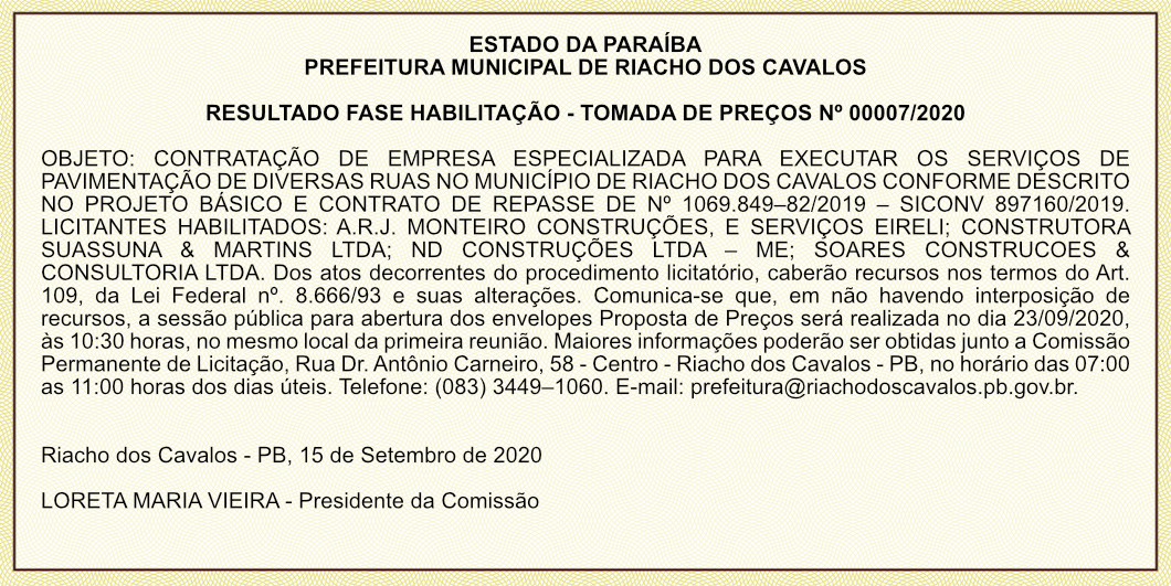 PREFEITURA MUNICIPAL DE RIACHO DOS CAVALOS – RESULTADO FASE HABILITAÇÃO – TOMADA DE PREÇOS Nº 00007/2020