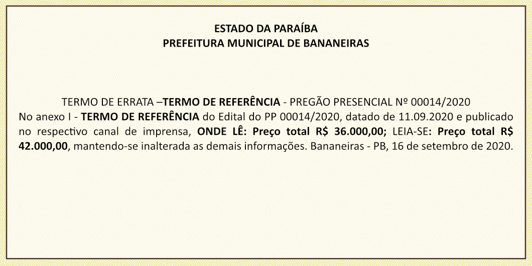 PREFEITURA MUNICIPAL DE BANANEIRAS – TERMO DE ERRATA –TERMO DE REFERÊNCIA – PREGÃO PRESENCIAL Nº 00014/2020