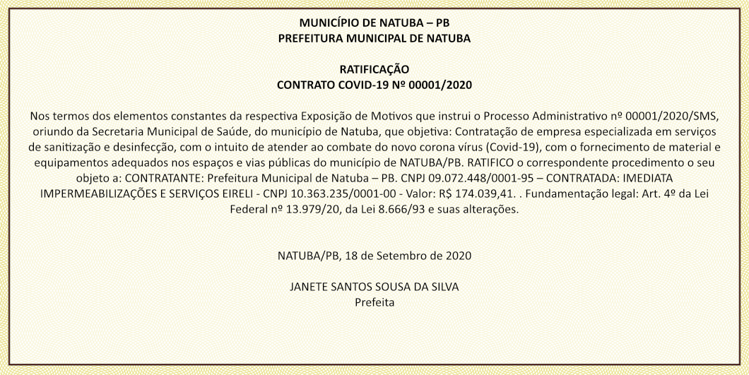 PREFEITURA MUNICIPAL DE NATUBA – RATIFICAÇÃO – CONTRATO COVID-19 Nº 00001/2020