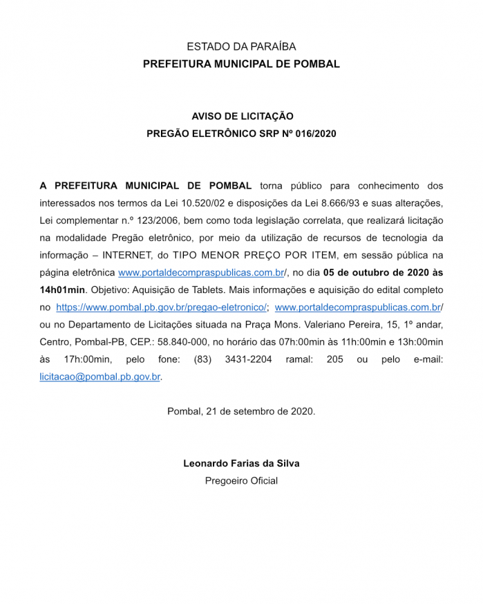 PREFEITURA MUNICIPAL DE POMBAL – AVISO DE LICITAÇÃO – PREGÃO ELETRÔNICO SRP Nº 016/2020