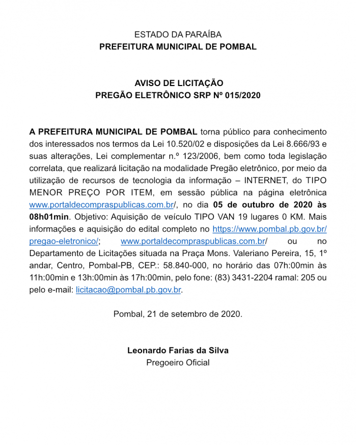 PREFEITURA MUNICIPAL DE POMBAL – AVISO DE LICITAÇÃO – PREGÃO ELETRÔNICO SRP Nº 015/2020