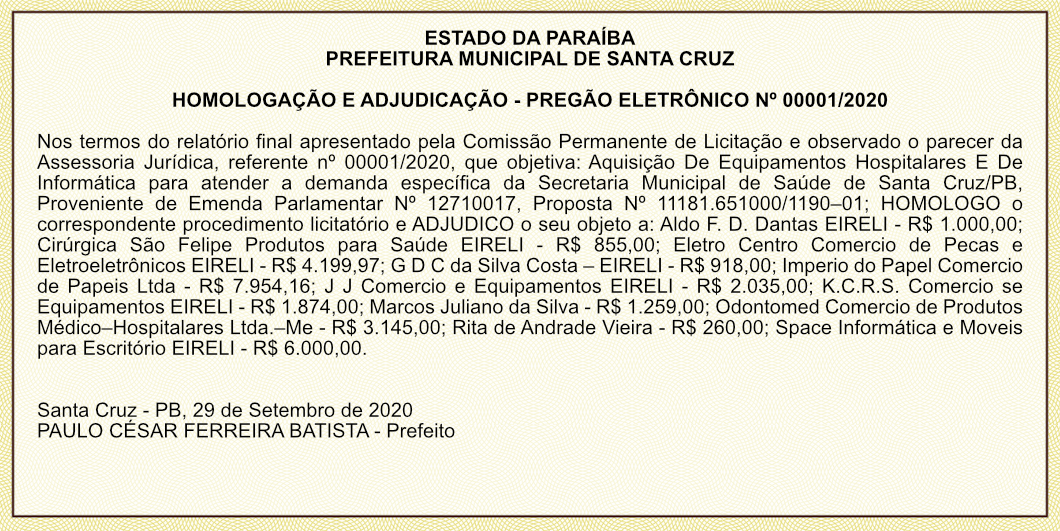 PREFEITURA MUNICIPAL DE SANTA CRUZ –  HOMOLOGAÇÃO E ADJUDICAÇÃO – PREGÃO ELETRÔNICO Nº 00001/2020