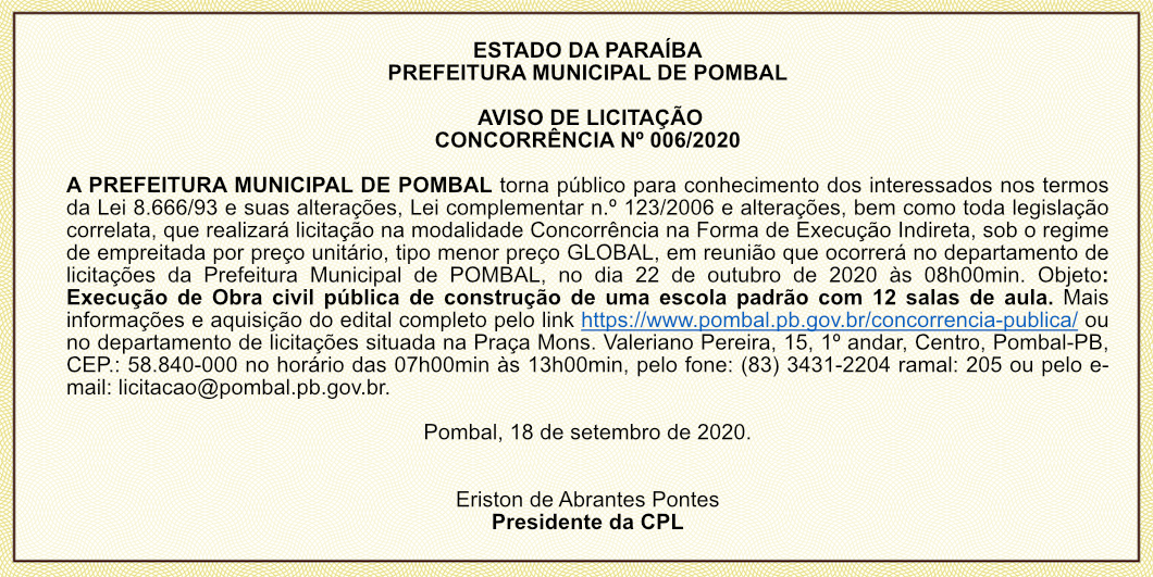 PREFEITURA MUNICIPAL DE POMBAL – AVISO DE LICITAÇÃO – CONCORRÊNCIA Nº 006/2020