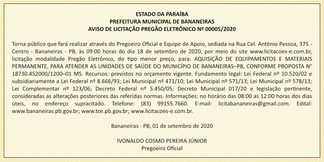 PREFEITURA MUNICIPAL DE BANANEIRAS – AVISO DE LICITAÇÃO – PREGÃO ELETRÔNICO Nº 00005/2020