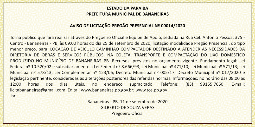PREFEITURA MUNICIPAL DE BANANEIRAS – AVISO DE LICITAÇÃO – PREGÃO PRESENCIAL Nº 00014/2020