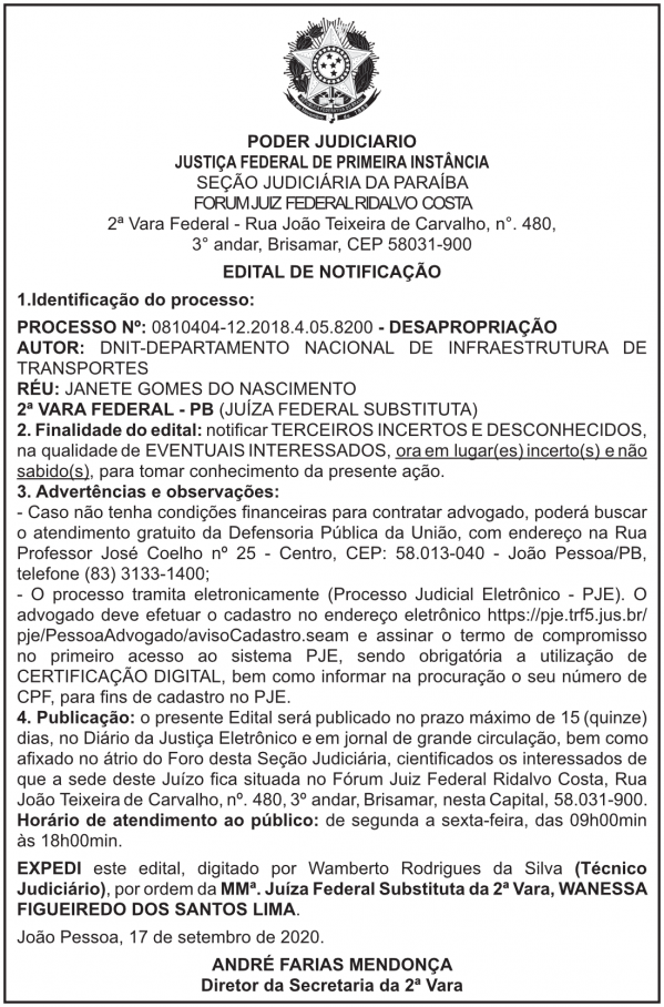 DNIT – PROCESSO No: 0810404-12.2018.4.05.8200 – JANETE GOMES DO NASCIMENTO
