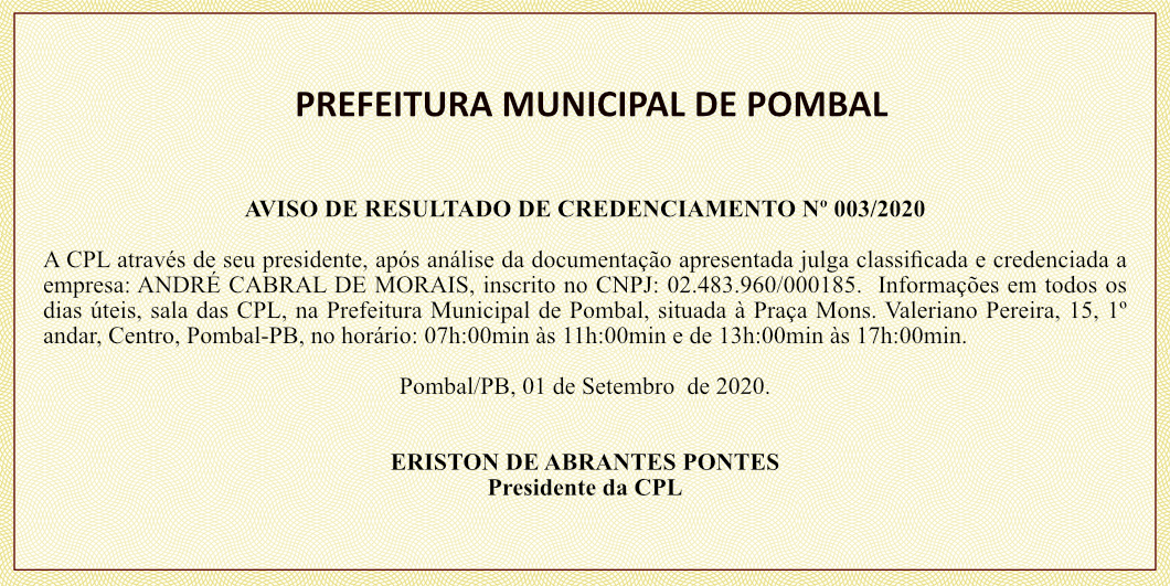 PREFEITURA DE POMBAL – AVISO DE RESULTADO DE CREDENCIAMENTO Nº 003/2020
