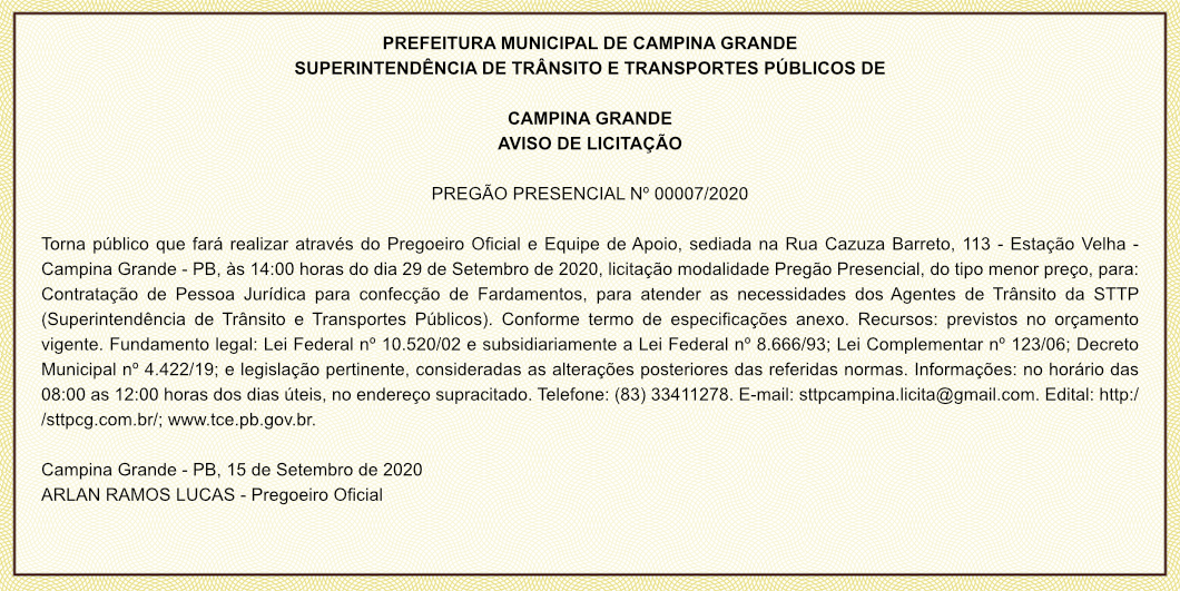 STTP – AVISO DE LICITAÇÃO – PREGÃO PRESENCIAL Nº 00007/2020