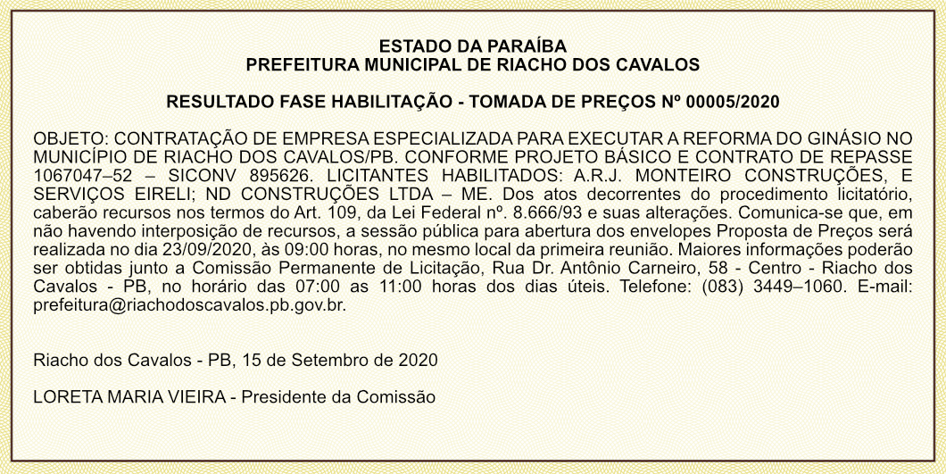 PREFEITURA MUNICIPAL DE RIACHO DOS CAVALOS – RESULTADO FASE HABILITAÇÃO – TOMADA DE PREÇOS Nº 00005/2020