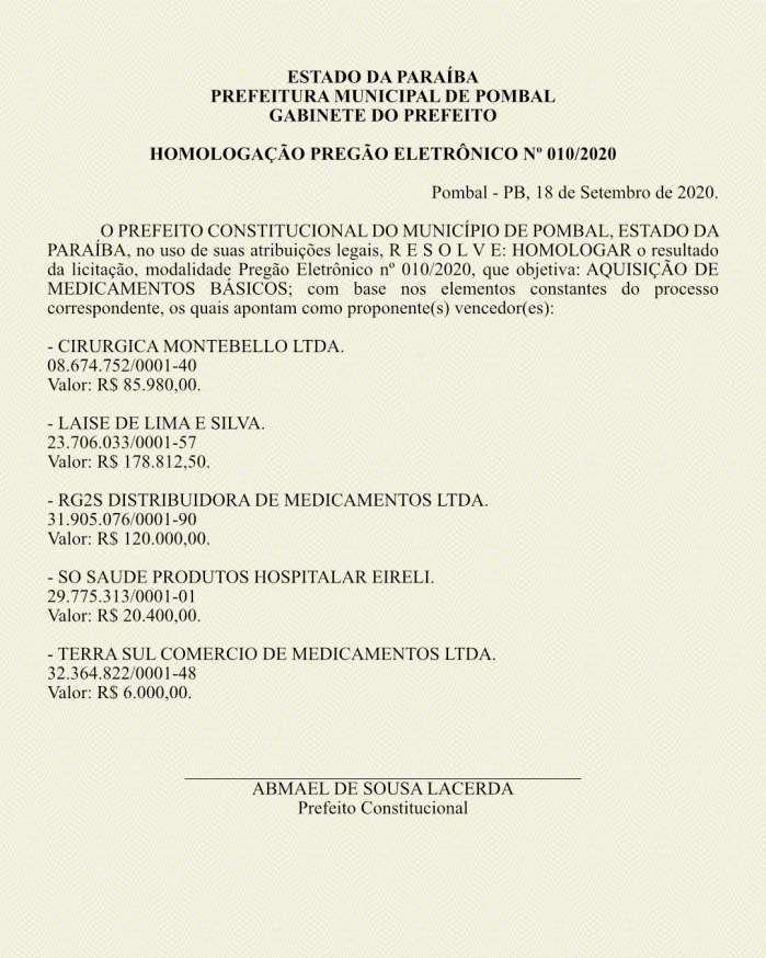 PREFEITURA MUNICIPAL DE POMBAL – GABINETE DO PREFEITO – HOMOLOGAÇÃO – PREGÃO ELETRÔNICO Nº 010/2020