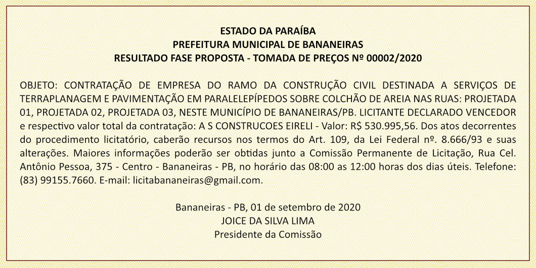 PREFEITURA MUNICIPAL DE BANANEIRAS – RESULTADO FASE PROPOSTA – TOMADA DE PREÇOS Nº 00002/2020