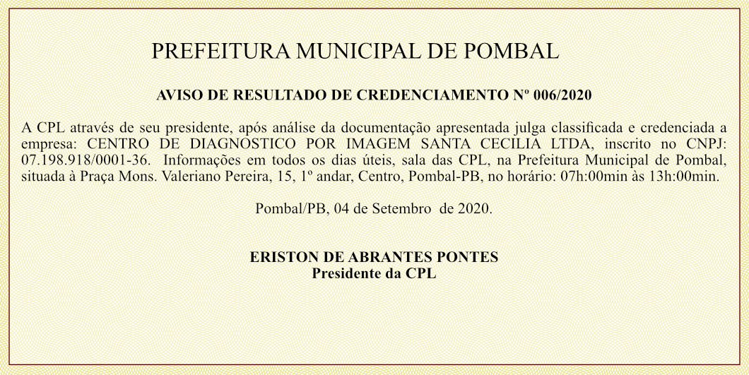 PREFEITURA DE POMBAL – AVISO DE RESULTADO DE CREDENCIAMENTO Nº 006/2020